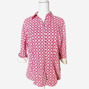 Chico’s Women’s Size 2 (L) Pink White Geometric Print Button-Down Blouse